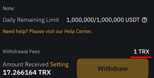 바이비트 TRX 출금 수수료는 1TRX