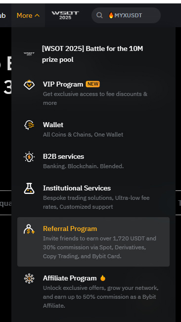 바이비트 메뉴에서 Referral Program(친구초대) 안내 화면