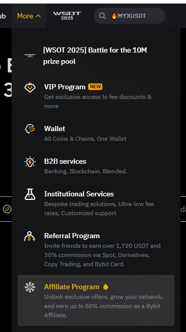 바이비트 메뉴에서 Affiliate Program(파트너 프로그램) 안내 화면