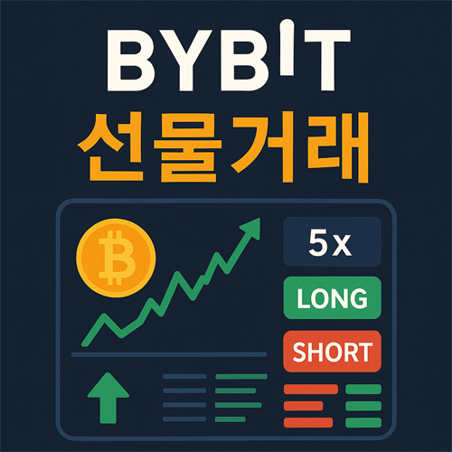 바이비트 선물거래를 나타내는 인포그래픽으로, 비트코인 차트와 롱·숏 버튼, 레버리지 표시가 포함된 이미지
