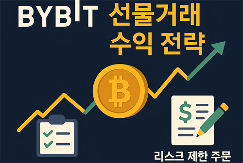 바이비트 선물거래 수익 전략을 주제로 한 인포그래픽으로, 비트코인 아이콘과 상승 그래프, 손익 관리·리스크 제한·추세 추종·펀딩비 확인 아이콘이 포함된 이미지