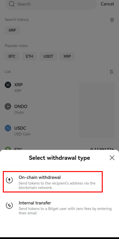 On chain withdrawal