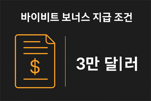 바이비트 보너스 지급 조건 안내 이미지, 문서 아이콘과 3만 달러 텍스트 강조