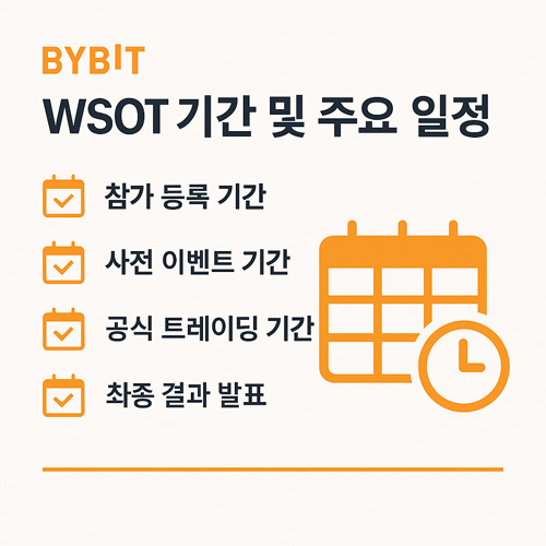 바이비트 WSOT 대회의 기간과 주요 일정을 요약한 인포그래픽으로, 참가 등록 기간, 사전 이벤트 기간, 공식 트레이딩 기간, 최종 결과 발표를 체크 아이콘과 캘린더 일러스트로 표현한 이미지