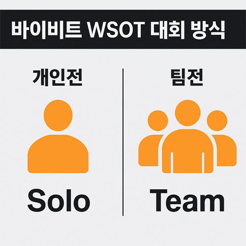 바이비트 WSOT 대회의 개인전과 팀전 방식을 비교해 보여주는 인포그래픽으로, 왼쪽에는 개인 참가자를 상징하는 아이콘과 Solo 문구, 오른쪽에는 여러 명이 모인 팀 아이콘과 Team 문구가 배치된 이미지