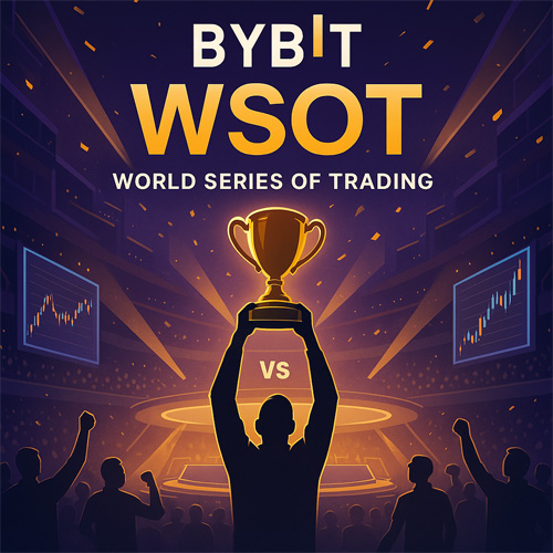 바이비트 WSOT 트레이딩 대회를 상징하는 경기장 풍경 속에서 우승 트로피를 들어 올리는 silhouetted 트레이더와 관중, 양옆에 차트 화면이 있는 미래형 트레이딩 아레나 장면