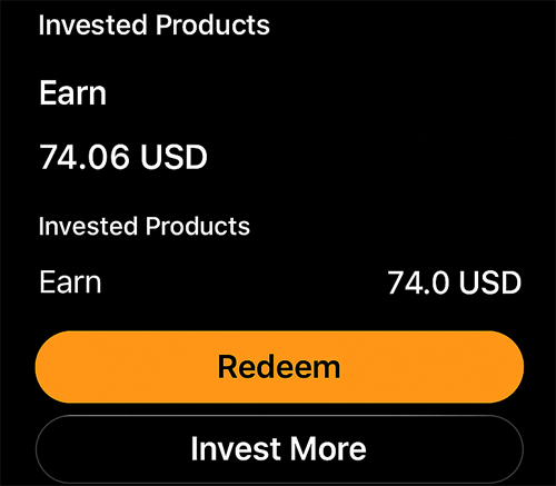 바이비트 Invested Products 지갑 Earn 74 USD 잔액과 Redeem 버튼 화면 — 투자 상품 해지 가능