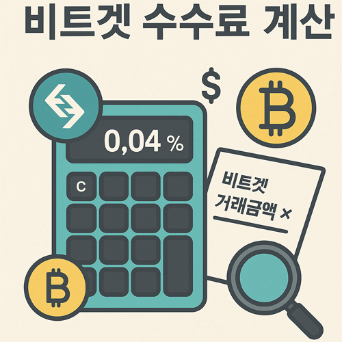 비트겟 수수료 계산을 상징하는 계산기와 비트코인 아이콘, "비트겟 거래금액" 메모가 있는 일러스트