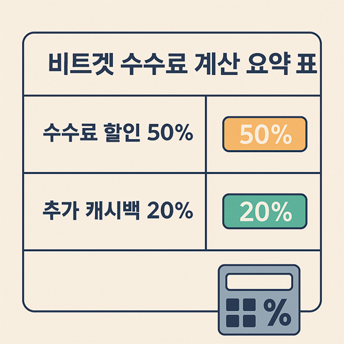 비트겟 수수료 계산 요약 표로, 수수료 할인 50%와 추가 캐시백 20%를 강조한 이미지