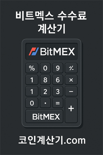 "비트멕스 수수료 계산기"라는 텍스트와 함께 BitMEX 로고가 표시된 계산기 일러스트가 중앙에 있고, 하단에는 "코인계산기.com" 문구가 강조된 이미지. 수수료 계산을 시각적으로 표현함.
