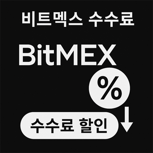 검정 배경에 ‘비트멕스 수수료’라는 제목과 BitMEX 로고, 퍼센트 기호(%), '수수료 할인' 버튼이 포함된 이미지. 수수료 인하를 시각적으로 나타냄.
