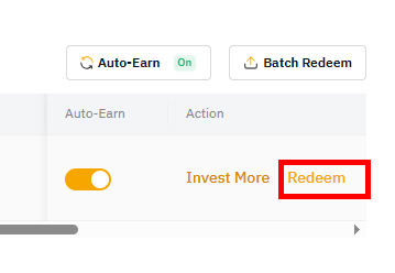 바이비트 Earn 투자 상품 화면의 Redeem 버튼 — 자금 해지 및 출금 기능