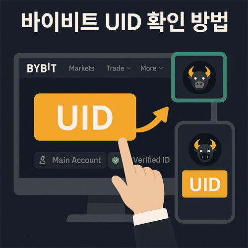 바이비트 UID 확인 방법 안내 일러스트, 웹사이트와 모바일 앱 화면에서 UID 위치 강조