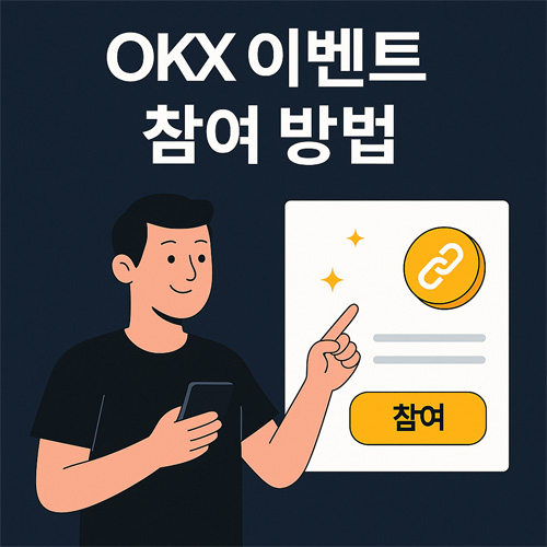 OKX 이벤트 참여 방법을 안내하는 일러스트, 사용자가 참여 버튼을 클릭하는 장면