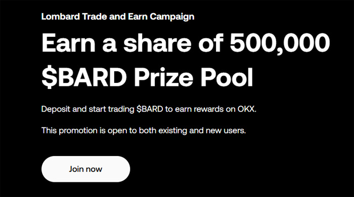 OKX 가입 혜택 이벤트 Lombard Trade and Earn 캠페인, 500,000 $BARD 상금 풀 이벤트 참여 안내 배너