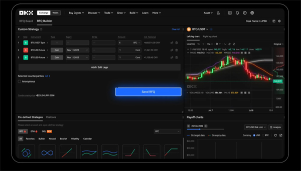 OKX 거래소 트레이딩 화면 – 사용자 맞춤 전략 빌더와 실시간 BTC/USDT 차트