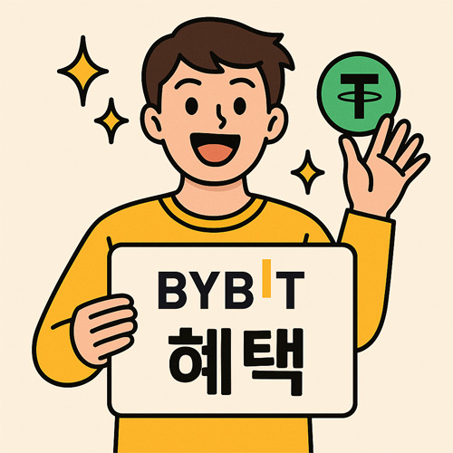 밝게 웃으며 BYBIT 혜택을 받는 캐릭터 일러스트