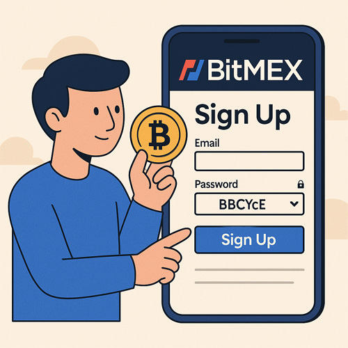 비트멕스 회원가입 과정을 표현한 일러스트, 사용자가 비트코인 코인을 들고 스마트폰에서 Sign Up 버튼을 누르는 모습
