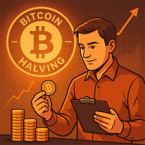 비트코인 반감기를 앞두고 투자 전략을 세우는 남성이 금색 비트코인을 들고 그래프를 바라보는 일러스트