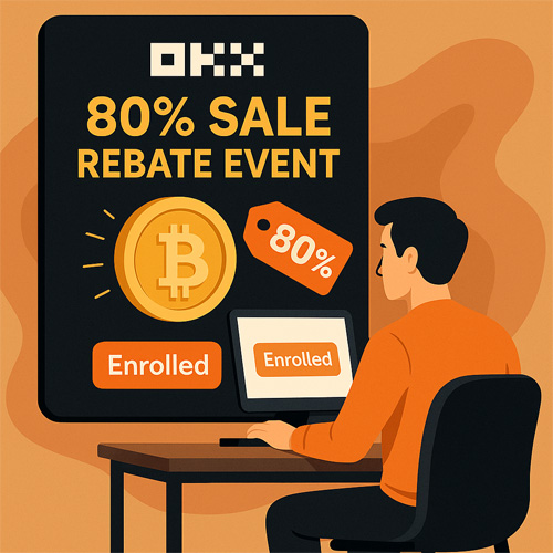 OKX 80% 세일 리턴 이벤트 참여 장면, 노트북으로 이벤트에 참여하는 남성과 비트코인·80% 세일 배너가 있는 디지털 일러스트