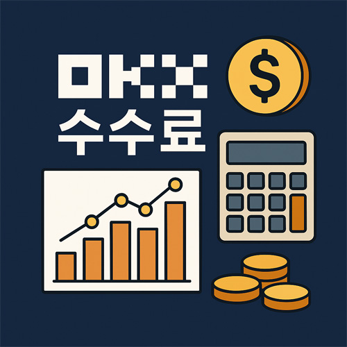 OKX 수수료 관련 이미지로, 코인, 계산기, 차트가 포함된 디지털 일러스트