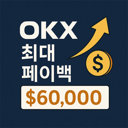OKX 최대 페이백을 강조한 디지털 일러스트, 금색 화살표와 코인 아이콘 포함