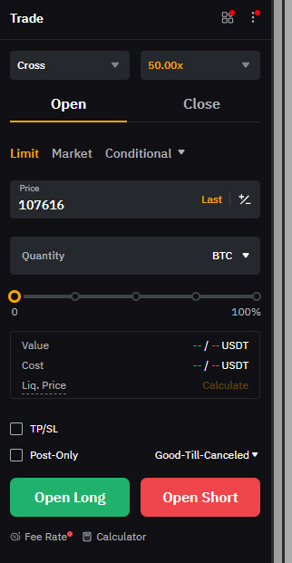 바이비트 선물거래 진입창 화면, 지정가 주문 설정 예시