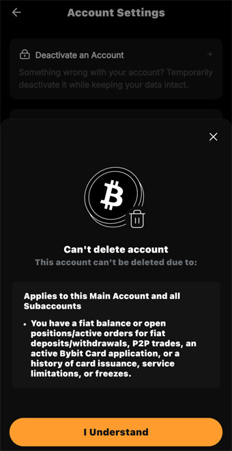 바이비트 탈퇴, 계정 삭제 불가 안내 화면 – “Can’t delete account” 문구가 표시된 Bybit 앱 계정 설정 화면