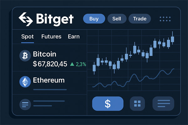 비트겟 거래소의 암호화폐 거래 화면을 표현한 디지털 일러스트로, 비트코인과 이더리움 시세 및 상승 차트가 포함된 미래형 인터페이스