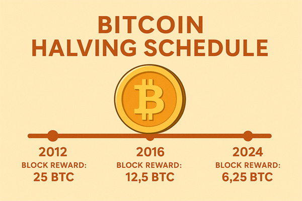 2012년부터 2024년까지 비트코인 반감기 일정을 보여주는 타임라인 인포그래픽, 각 연도의 블록 보상 변화가 표시됨