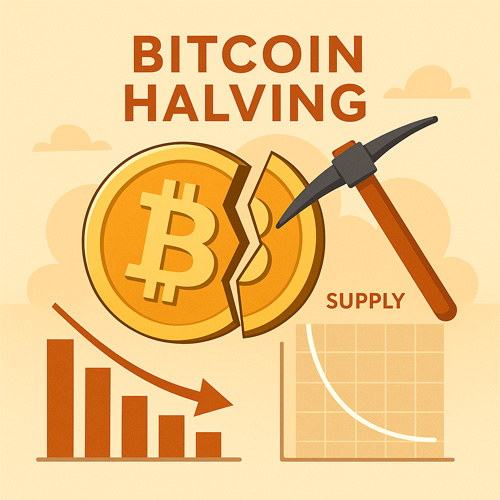 반으로 갈라진 금색 비트코인과 곡괭이, 감소하는 그래프와 공급 곡선이 함께 표현된 비트코인 반감기 일러스트