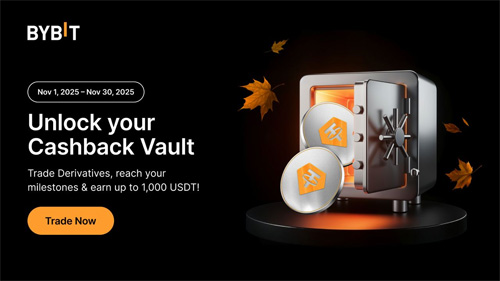바이비트 거래량 리워드 이벤트 홍보 배너, 최대 1,000 USDT 캐시백 혜택 안내