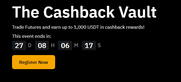 바이비트 캐시백 이벤트 등록 화면, 최대 1,000 USDT 리워드를 받을 수 있는 선물거래 이벤트 배너