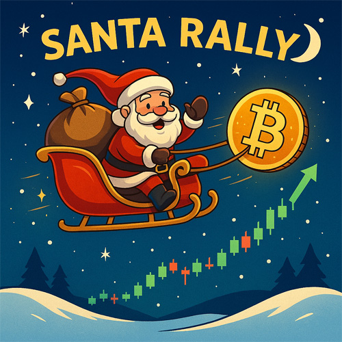 비트코인 로고를 끌며 하늘을 나는 산타와 상승하는 차트가 표현된 산타랠리 콘셉트 일러스트