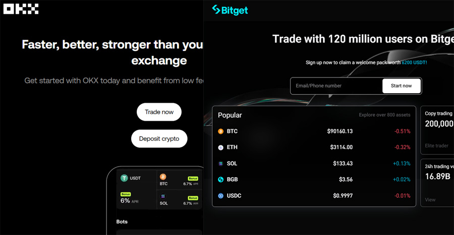 비트겟 okx 비교 |거래소 메인 페이지를 나란히 비교한 화면으로 두 플랫폼의 첫 화면 디자인과 메시지를 보여주는 이미지