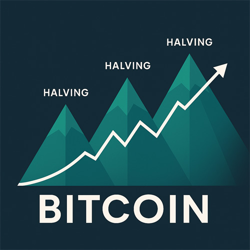 비트코인 반감기 주기를 산 모양 그래프로 표현하고 가격 상승 추세를 화살표로 나타낸 일러스트