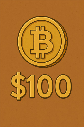 비트코인 가격이 100달러 수준이던 시절을 상징하는 이미지로, 금색 비트코인 코인과 하단에 $100 숫자가 함께 강조된 일러스트