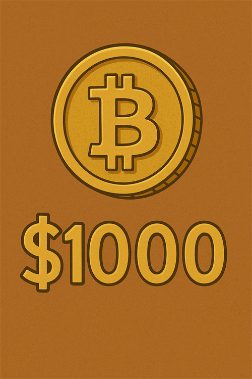 비트코인 가격이 1,000달러를 돌파하던 시절을 상징하는 이미지로, 금색 비트코인 코인과 하단에 $1000 숫자가 크게 표시된 일러스트
