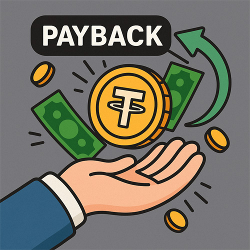 손바닥 위로 USDT 코인과 지폐가 돌아오며 페이백을 받는 모습을 표현한 일러스트 이미지