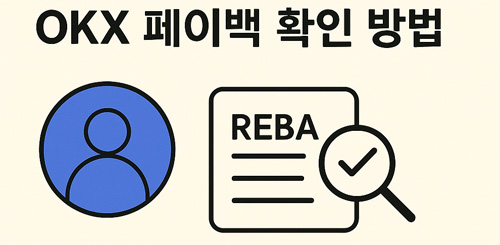 OKX 페이백 확인 방법을 단계별로 안내하는 일러스트로, 프로필 아이콘과 체크리스트가 포함된 안내 이미지