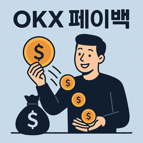 OKX 페이백을 상징하는 일러스트로, 동전을 받는 사람이 페이백 수익을 얻는 느낌을 표현한 이미지