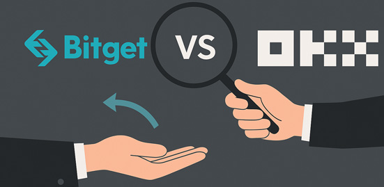 비트겟(Bitget)과 OKX 로고를 중심으로 두 거래소를 비교하는 느낌으로 구성된 그래픽 이미지