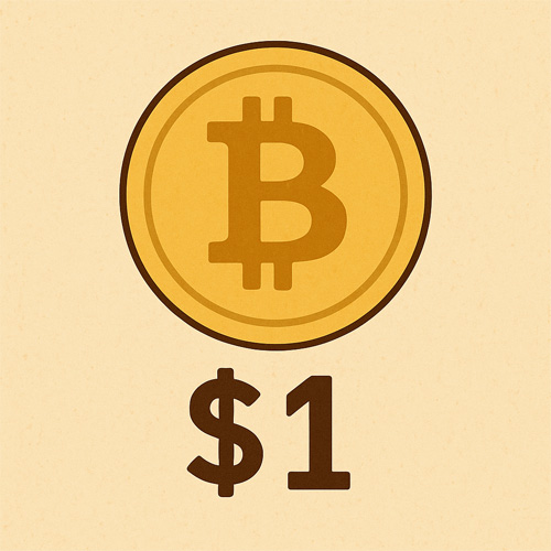 비트코인 1달러 시절을 상징하는 일러스트로, 중앙에 비트코인 로고가 있는 금색 코인과 하단에 $1 표시가 함께 표현된 이미지